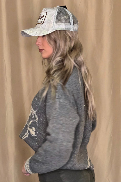 Horse Jacquard Long Long Sleeve Knit Sweater - charcoal medium remains