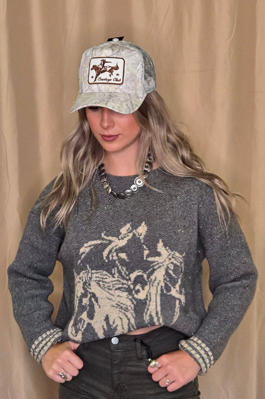 Blu Pepper Horse Jacquard Western Long Sleeve Knit Sweater — Wool Blend with Detailed Horse Pattern (charcoal medium remains)