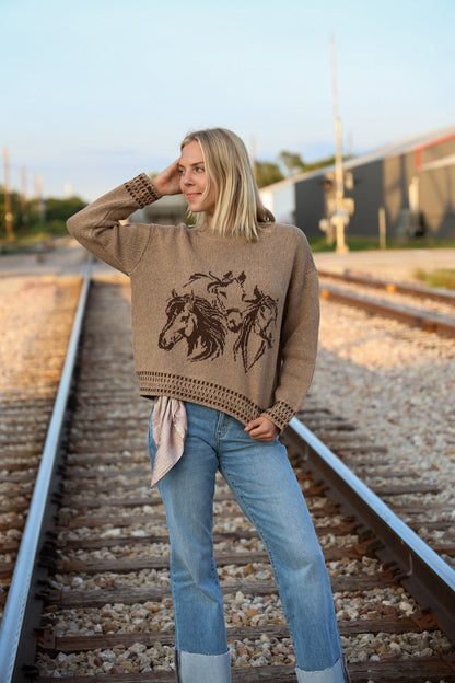 Horse Jacquard Long Long Sleeve Knit Sweater - charcoal medium remains