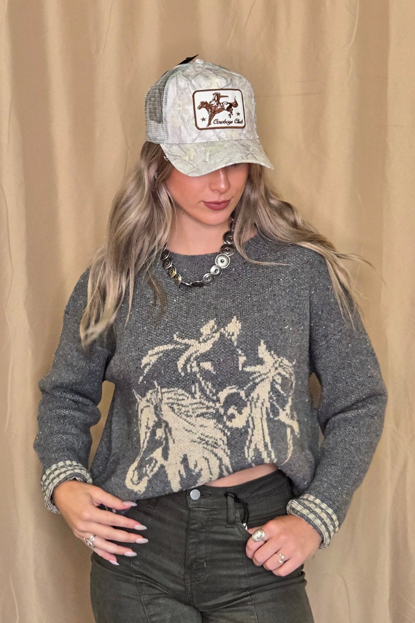 Horse Jacquard Long Long Sleeve Knit Sweater - charcoal medium remains