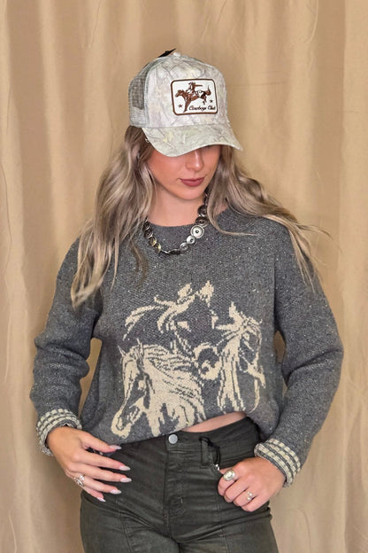 Horse Jacquard Long Long Sleeve Knit Sweater - charcoal medium remains