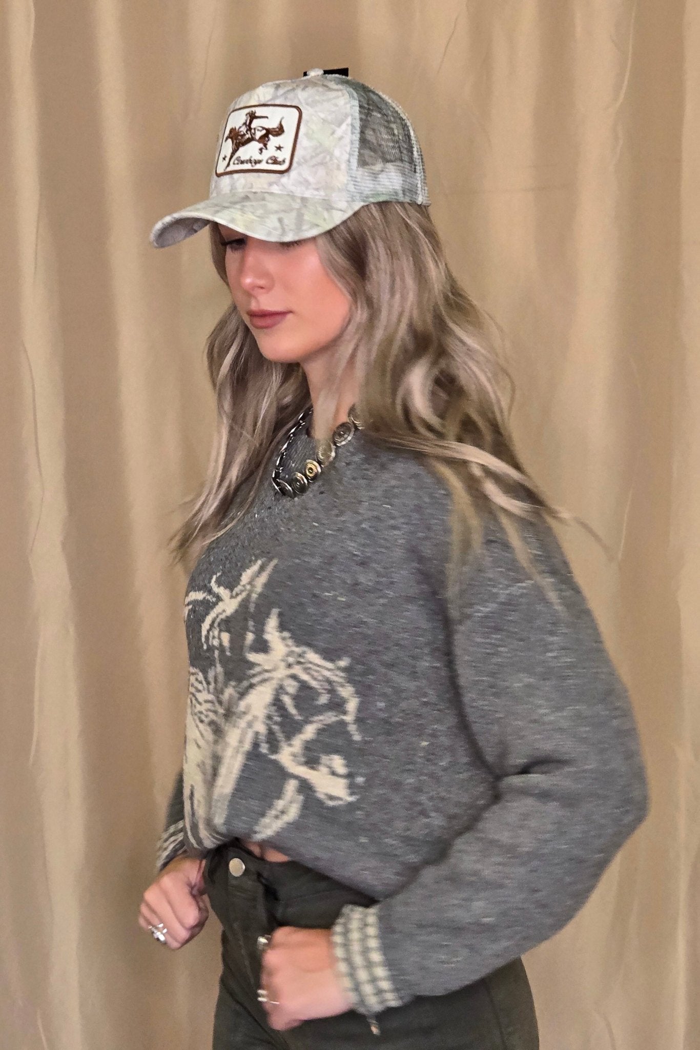 Horse Jacquard Long Long Sleeve Knit Sweater - charcoal medium remains