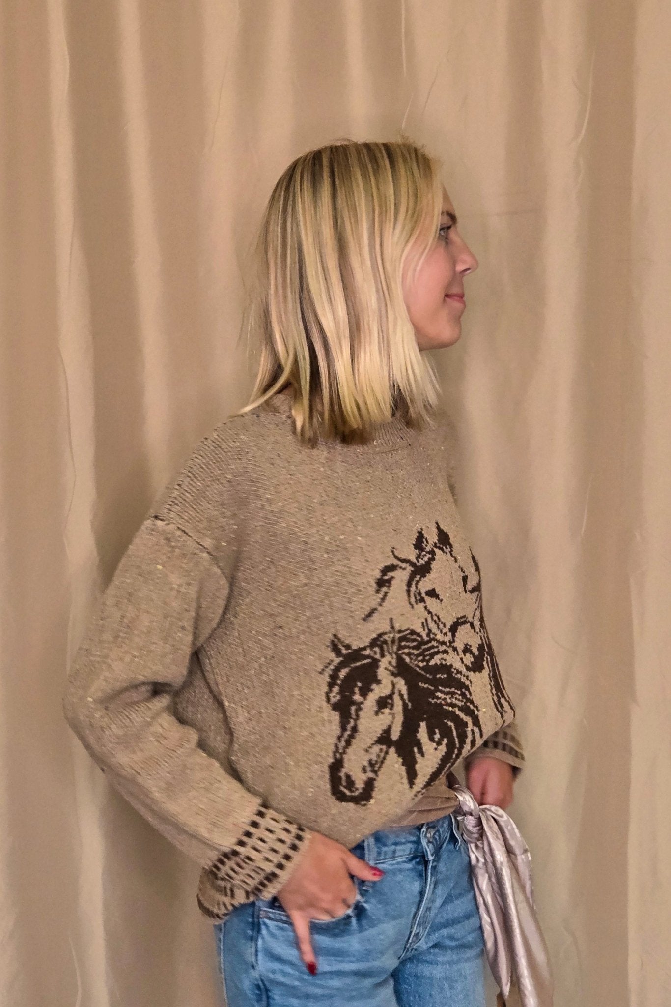 Horse Jacquard Long Long Sleeve Knit Sweater - charcoal medium remains