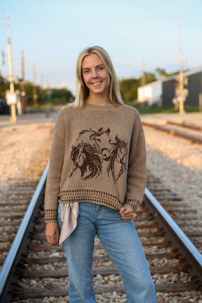 Horse Jacquard Long Long Sleeve Knit Sweater - charcoal medium remains