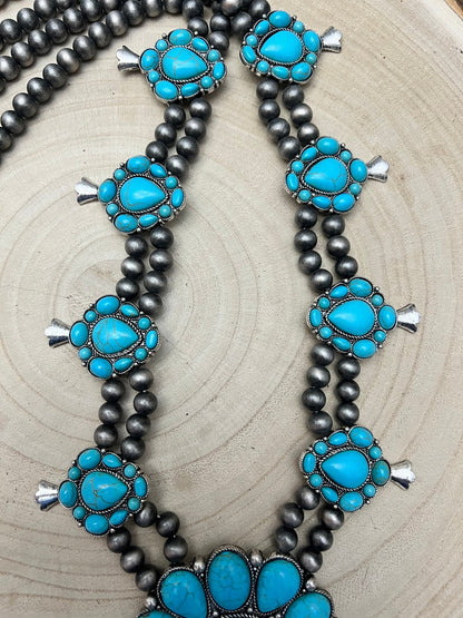 Western Huge Double-Strand Faux Turquoise Squash Blossom Statement Necklace — 32 Inch