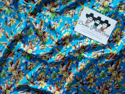 Bright Blue Wild Daisy Floral Print Cowboy Silk Charmeuse Wild Rag Western Neck Scarf Bandanna