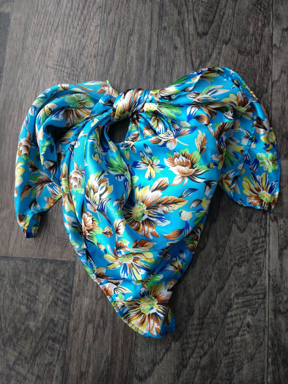 Bright Blue Wild Daisy Floral Print Cowboy Silk Charmeuse Wild Rag Western Neck Scarf Bandanna