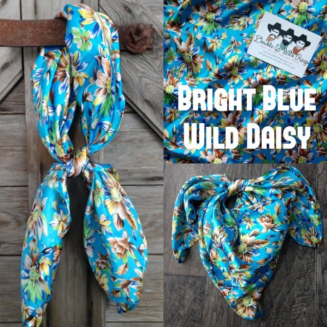 Bright Blue Wild Daisy Floral Print Cowboy Silk Charmeuse Wild Rag Western Neck Scarf Bandanna