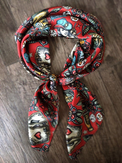 Silk Wild Rag: Deep Red, Saloon Casino Print – Western Bandanna