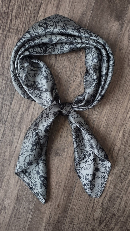Wild Rag 100% SILK Dark Grey Pin Up Cowgirls and Hollyhock flowers Cowboy Western Neck Scarf Bandanna by Double B Wild Rags