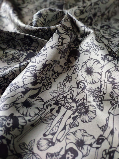 Wild Rag 100% SILK Dark Grey Pin Up Cowgirls and Hollyhock flowers Cowboy Western Neck Scarf Bandanna by Double B Wild Rags