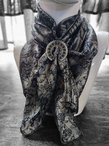 Wild Rag 100% SILK Dark Grey Pin Up Cowgirls and Hollyhock flowers Cowboy Western Neck Scarf Bandanna by Double B Wild Rags