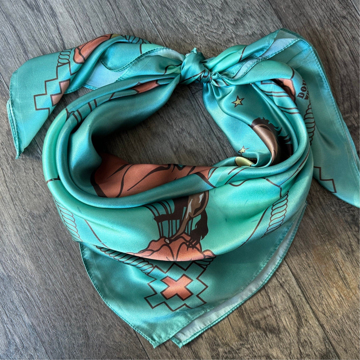 Wild Rag 100% SILK Soft Teal Blue Desert Mustang horse and Cactus Cowboy Neck Scarf Bandanna by Double B Wild Rags