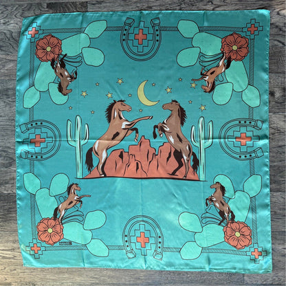 Wild Rag 100% SILK Soft Teal Blue Desert Mustang horse and Cactus Cowboy Neck Scarf Bandanna by Double B Wild Rags