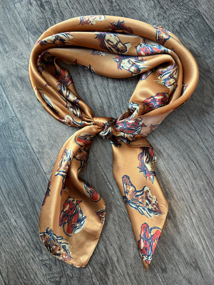 100% Silk Wild Rag “cow ponies” horse head pattern by Double B Wild Rags dark gold, rust, ivory, black