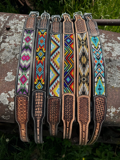 Western leather dog collar tooled and seed bead details by Double B Wild Rags