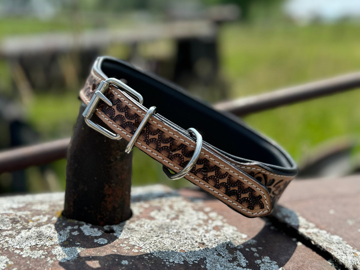 Western leather dog collar tooled and seed bead details by Double B Wild Rags