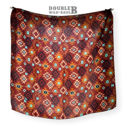 100% Silk Wild Rag Chestnut and Turquoise Aztec Native tribal inspired neck scarf by Double B Wild Rags