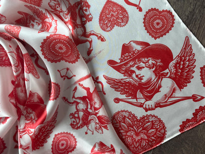 100% Silk Wild Rag Cowboy Cherubs and Hearts red and white Valentines