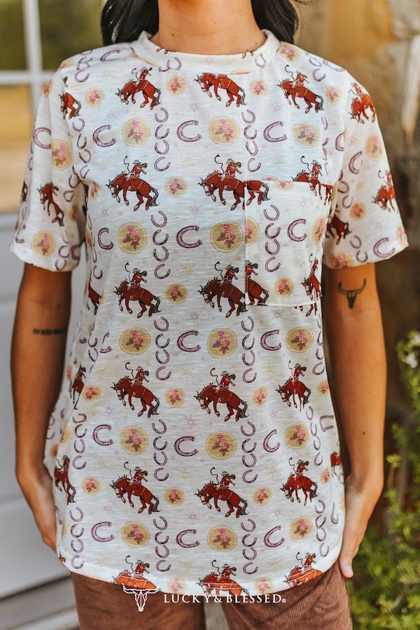 Ivory Cowboy & Horseshoe Printed Short Sleeve Front Pocket Tee