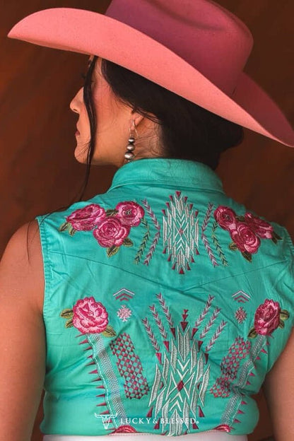 Jade Pearl Snap Button Down Floral Embroidered Sleeveless Stretch Tunic Dress