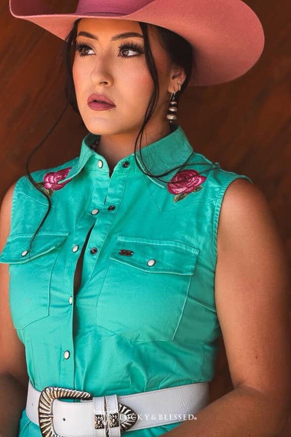 Jade Pearl Snap Button Down Floral Embroidered Sleeveless Stretch Tunic Dress