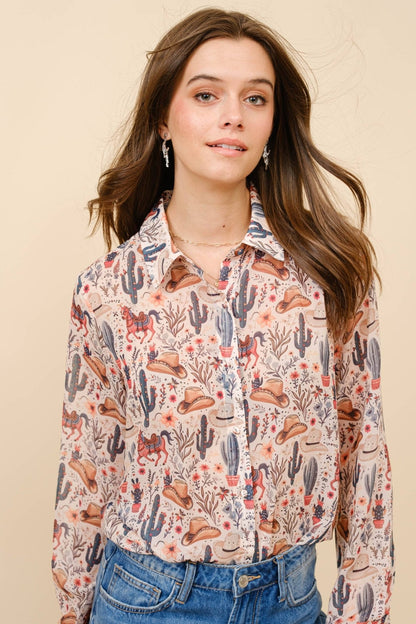 Painted Desert Chiffon Button Up Blouse