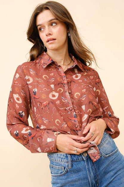Painted Desert Chiffon Button Up Blouse