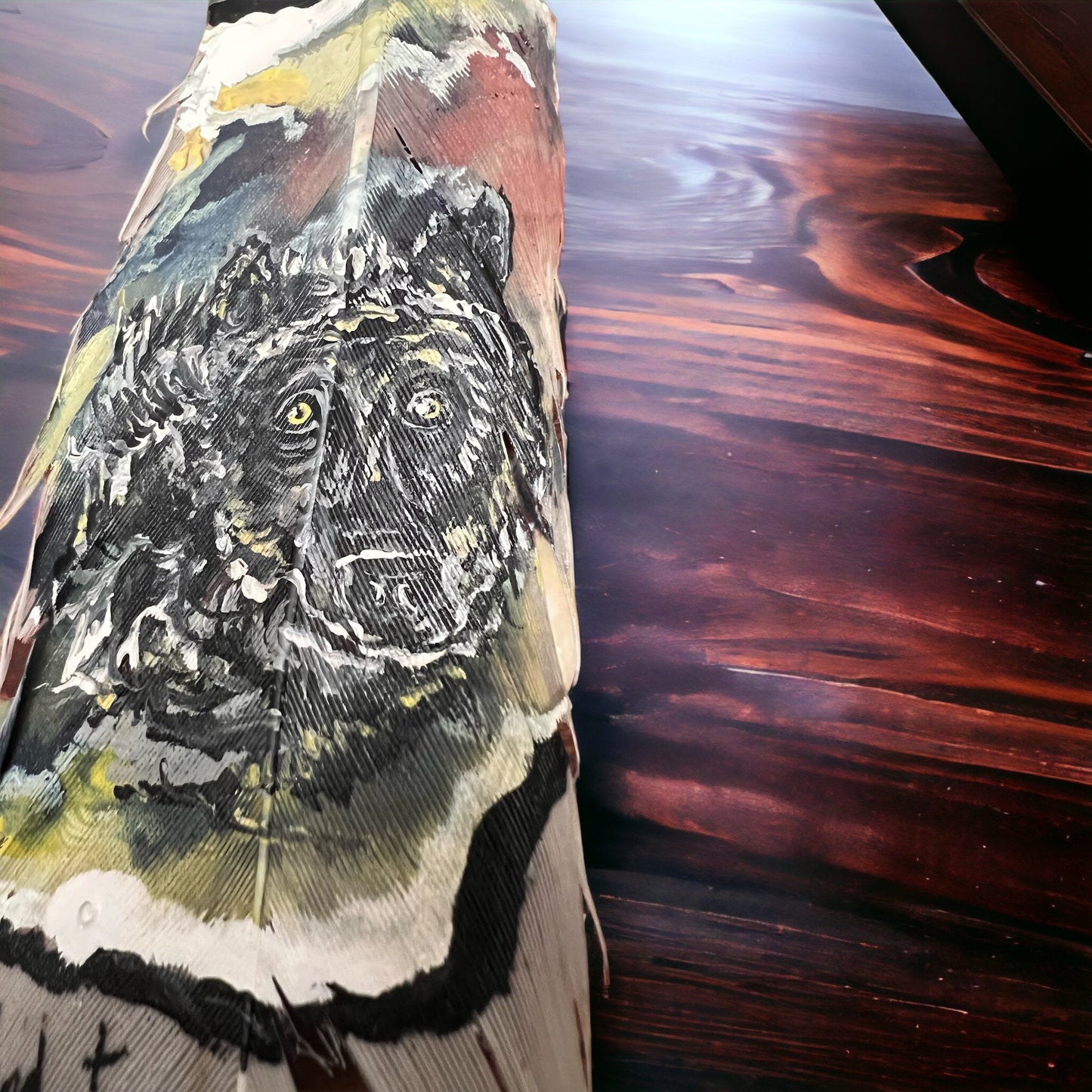 Painted hat feather by Chad Demien