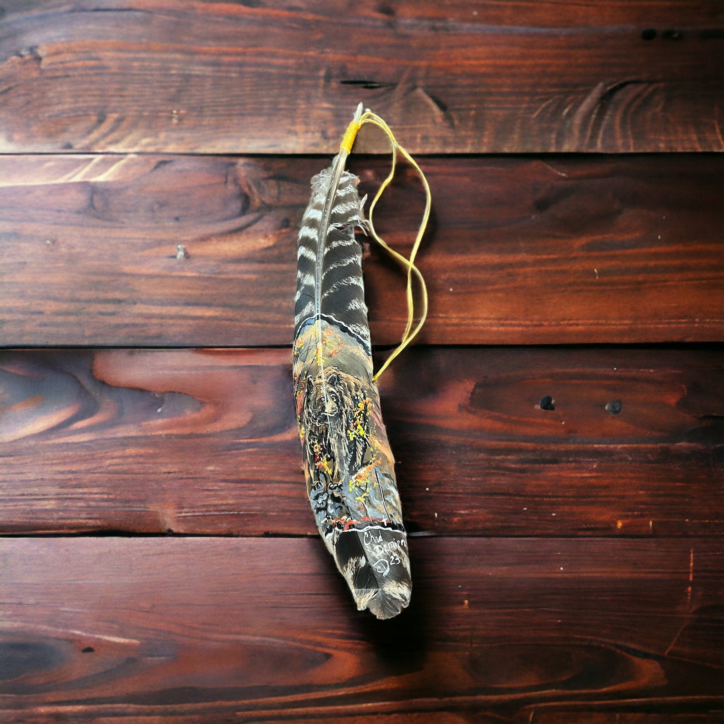 Painted hat feather by Chad Demien - Brown bear