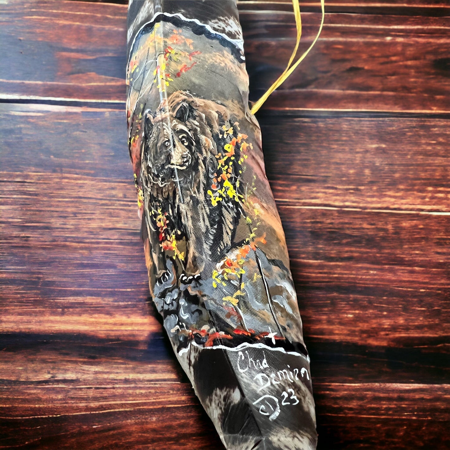 Painted hat feather by Chad Demien - Brown bear