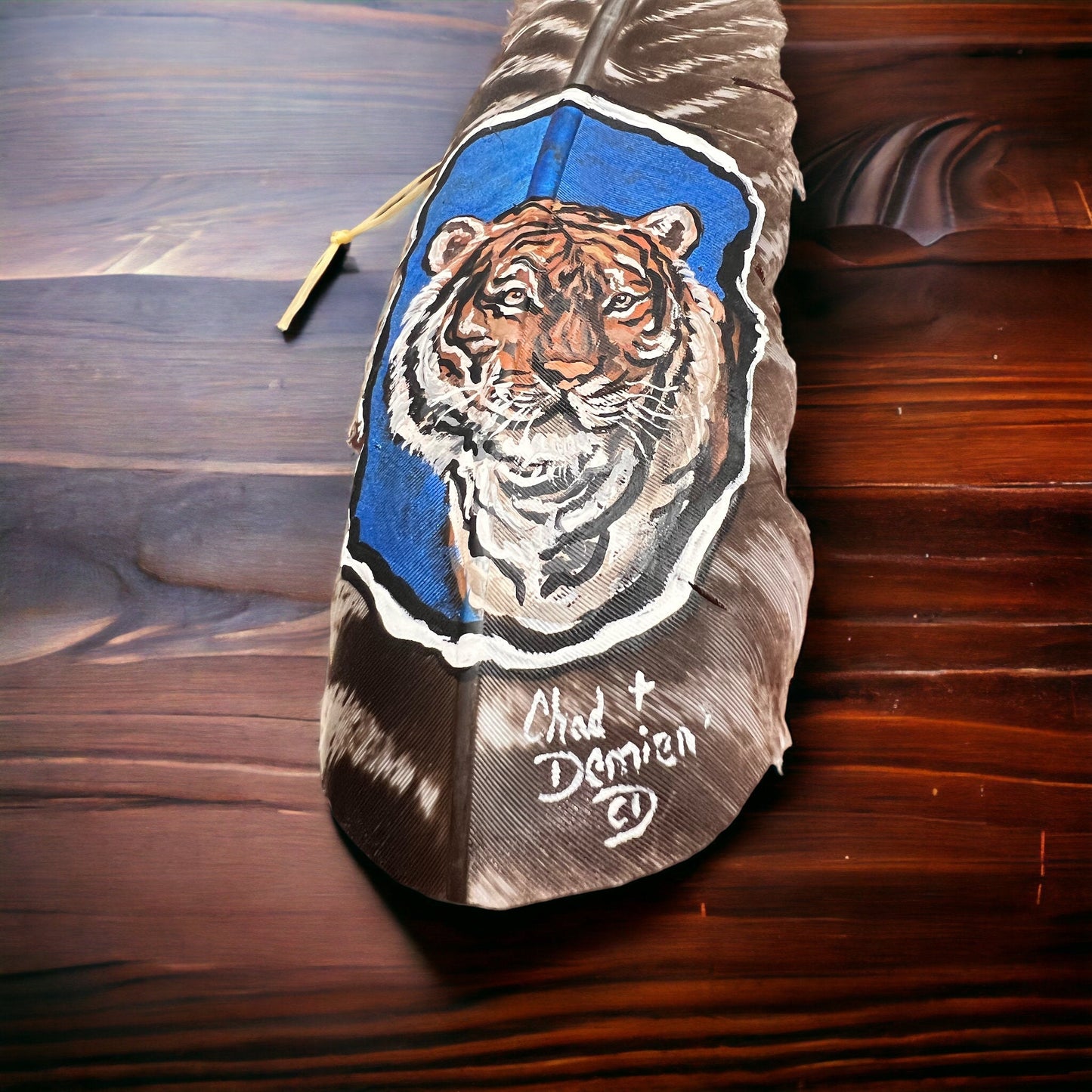 Painted hat feather by Chad Demien - Tiger