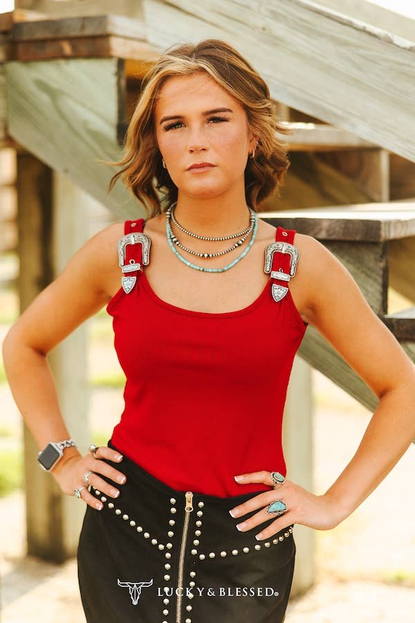 Red Buckle Strap Western Tank Top