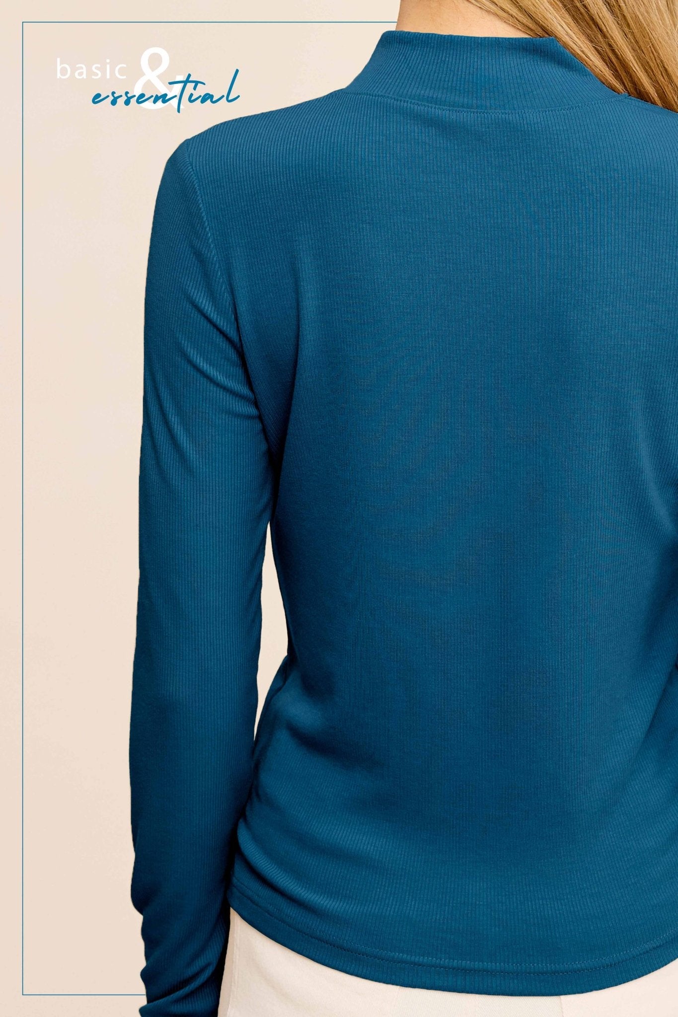 Ribbed Long Sleeve Mock Neck Top - Red, Teal, Black and brown
