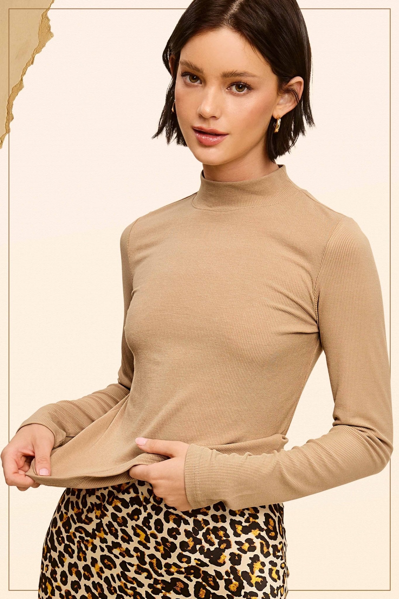 Ribbed Long Sleeve Mock Neck Top - Red, Teal, Black and brown