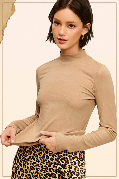 Ribbed Long Sleeve Mock Neck Top - Red, Teal, Black and brown