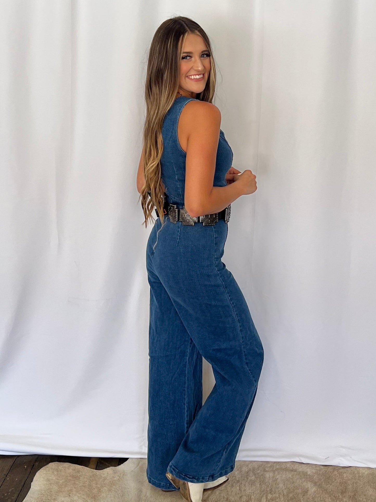 Rosie Scalloped Neckline Denim Jumpsuit - small remains
