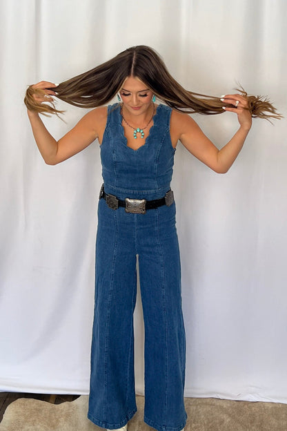 Rosie Scalloped Neckline Denim Jumpsuit - small remains