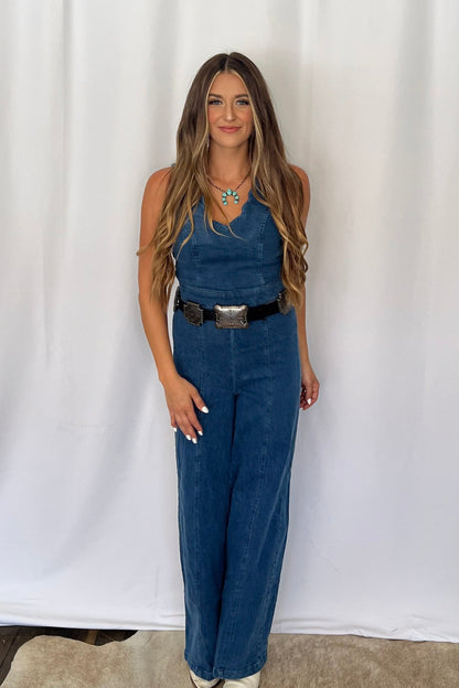 Rosie Scalloped Neckline Denim Jumpsuit - small remains