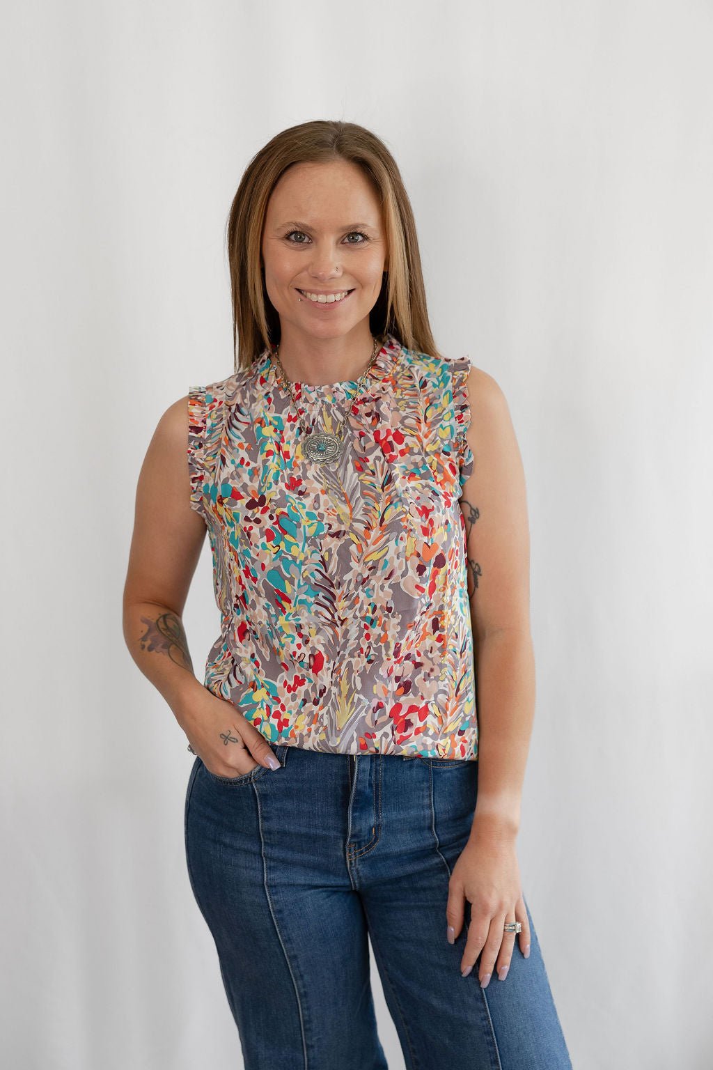 LIME N CHILI Graphic Print Ruffle Mock Neck Sleeveless Western Top — Keyhole Back Detail (Medium remaining)