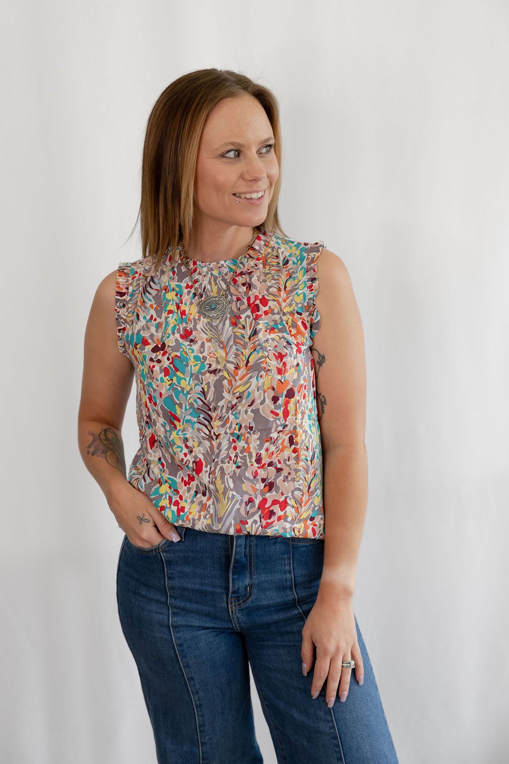Ruffle Neck Sleeveless Top - Medium remaining