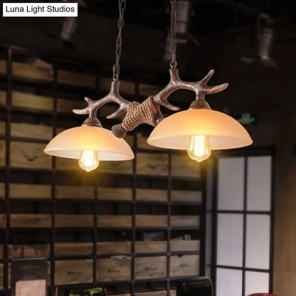 DecorBites™ Rustic Beige Glass Island Pendant Light with Antler Decor - Bowl Shape, 2 Bulbs, Ideal for Restaurant Ceilings
