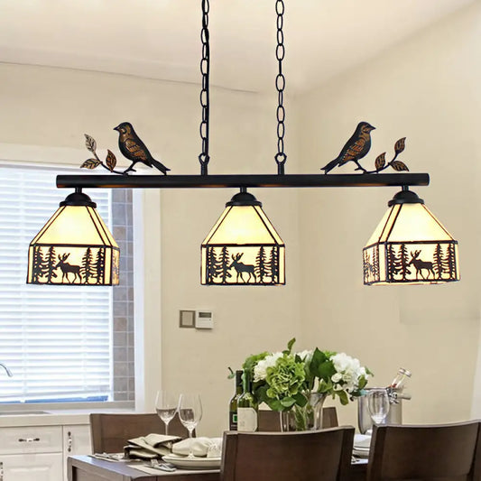 DecorBites™ Rustic Lodge Deer Island Pendant Light with Bird Decoration - 3 Stained Glass Lights