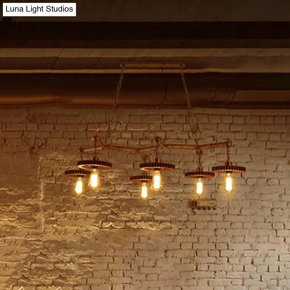 DecorBites™ Rustic Metal Island Lamp with 6 Lights - Open Bulb Pendant Lighting for Dining Room with Gear Deco