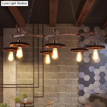 DecorBites™ Rustic Metal Island Lamp with 6 Lights - Open Bulb Pendant Lighting for Dining Room with Gear Deco