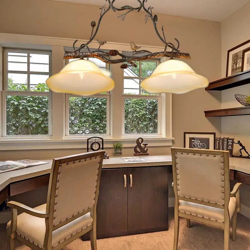 DecorBites™ Rustic Scalloped Opal Glass Island Pendant - 2 Light Bedroom Lamp in Beige