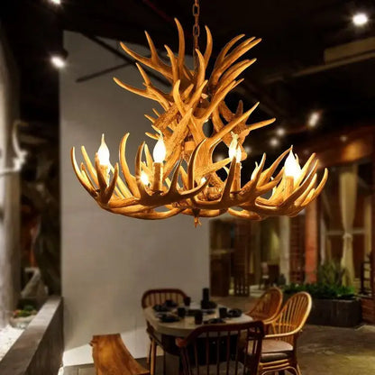 Rustic wood finish deer antler chandelier dining room light