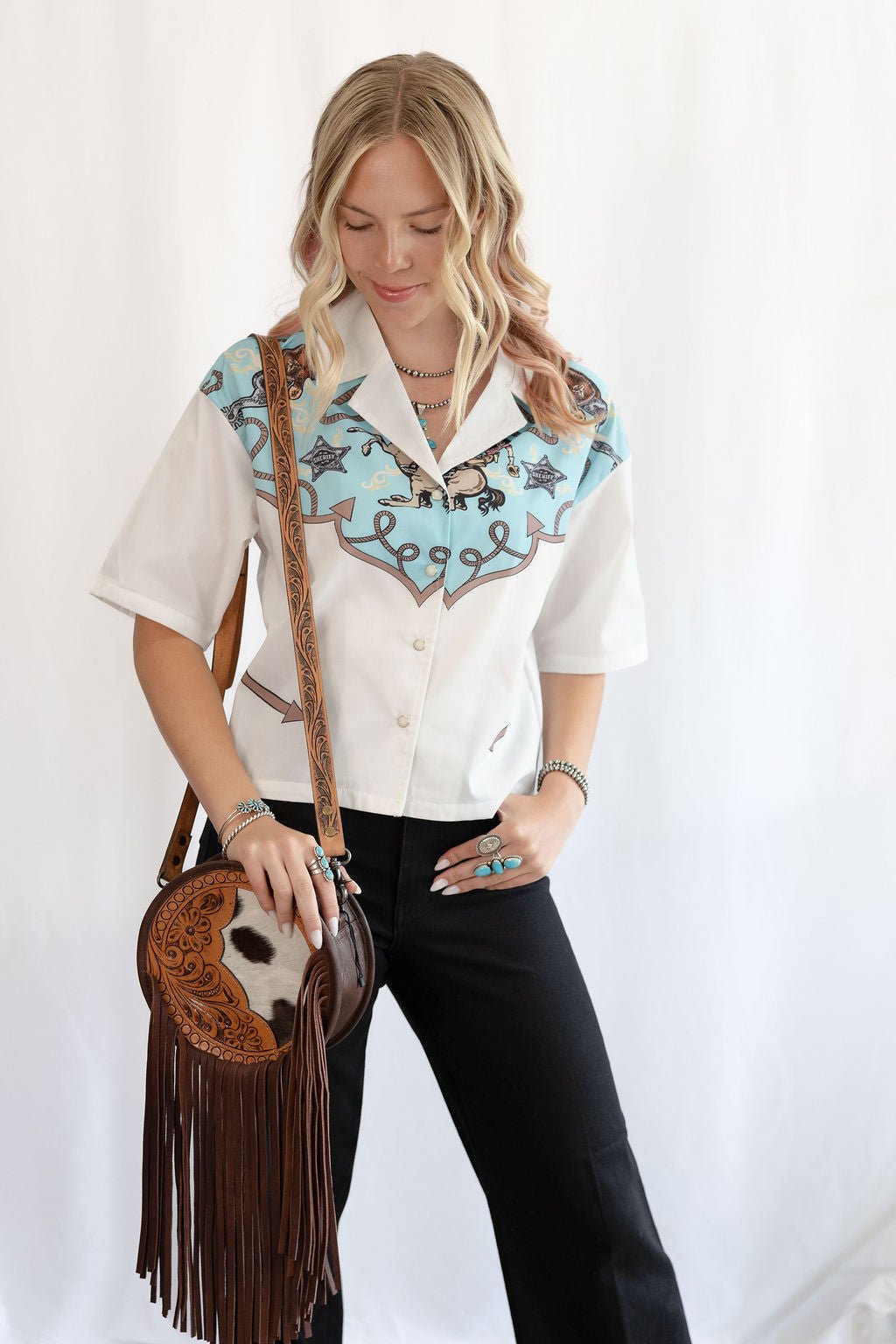 Silver Screen Button Down Short Sleeve Top - small available