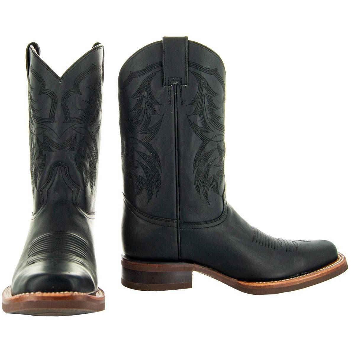 Black Square Toe Leather Cowboy Boots H4002