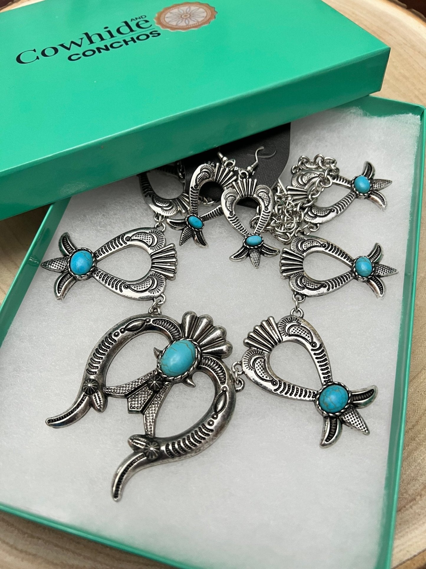 Western Squash Blossom Necklace & Earring Set with Faux Turquoise — 24 Inch Southwestern Set